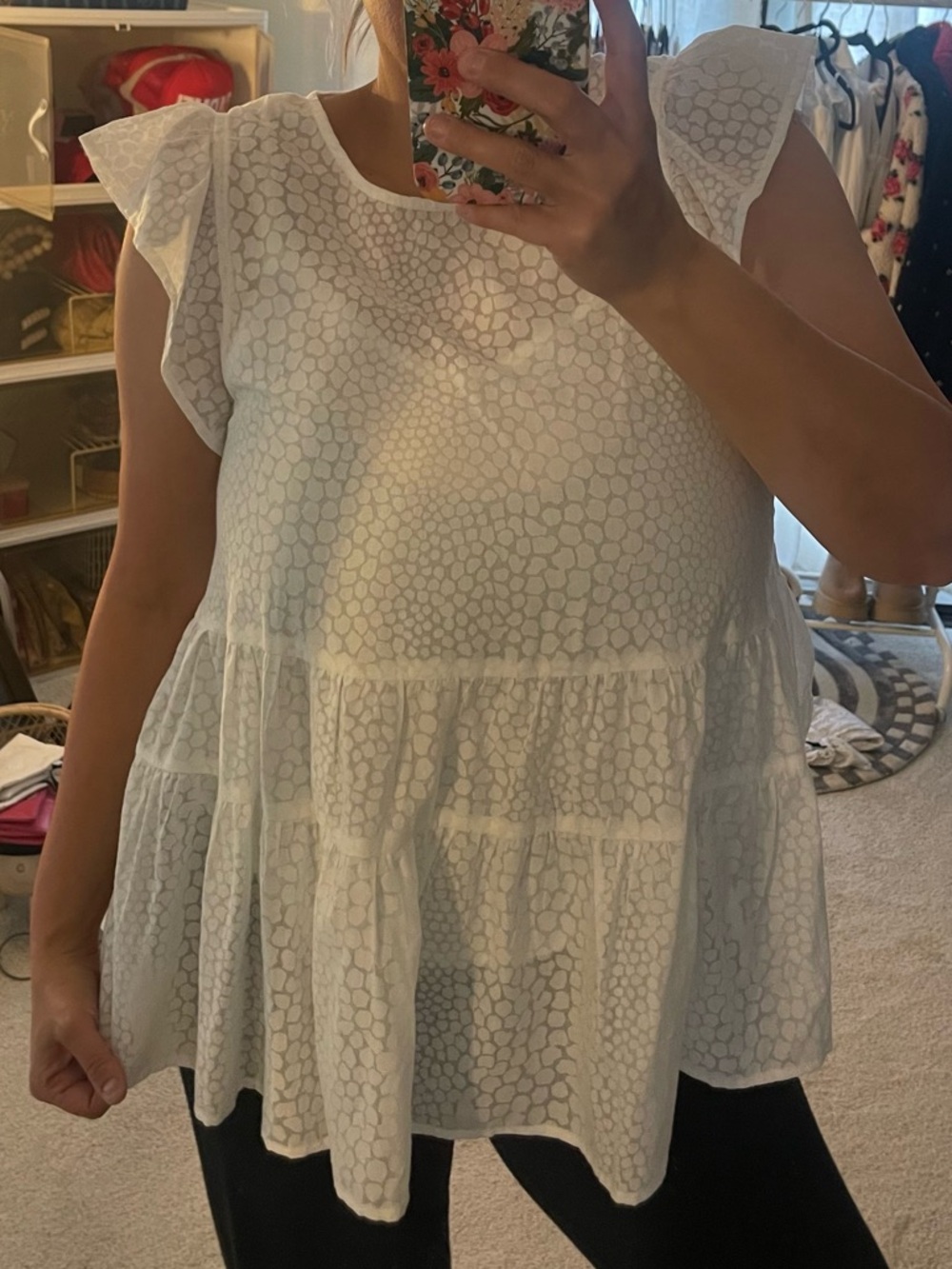 entro White Eyelet Ruffle Sleeve Babydoll Top